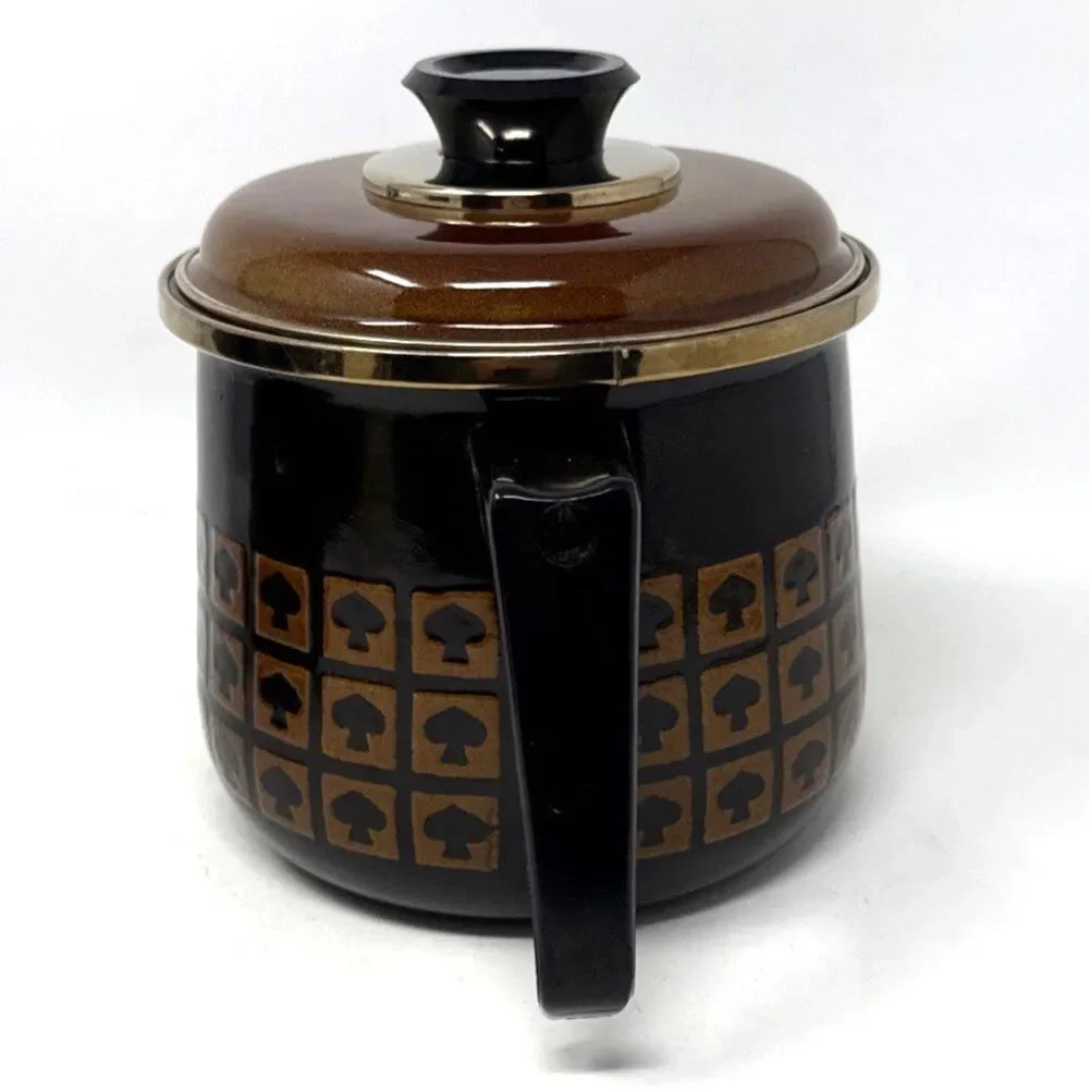 VTG West Bend Le Provencal Enamelware 2 Sauce Pans 2 Qt  1 Lid Brown Mushroom